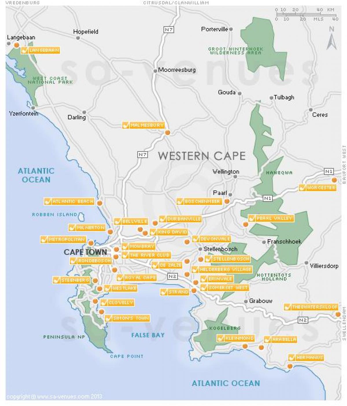 Cape Town haritası golf Sahaları 