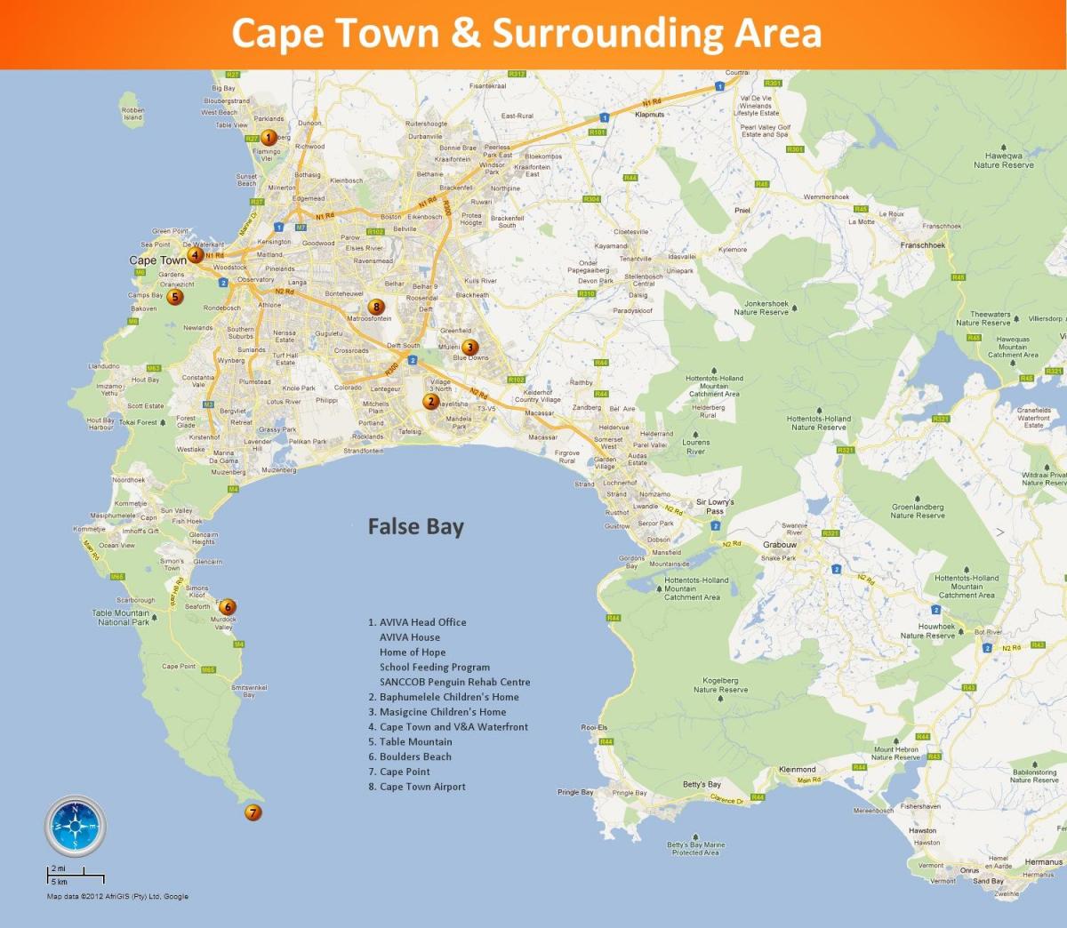 Cape Town harita ve çevresinde